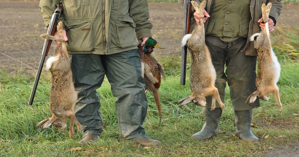 men holding dead rabbits and a duck hunting